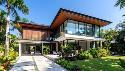 Fototapeta premium Modern house exterior with wood and glass, surrounded by lush tropical greenery and a clear blue sky.