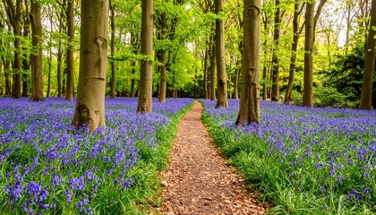 A path through a vibrant bluebell wood