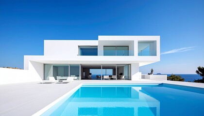 Modern white house with a pool overlooking the sea.