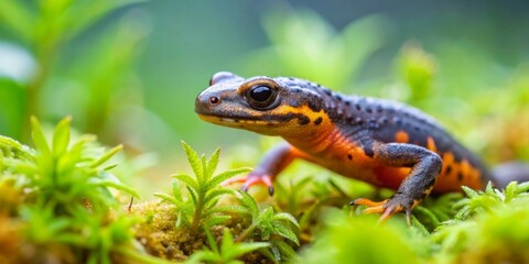 Fototapeta premium A Vibrant Salamander in a Lush Green Habitat, Displaying Striking Orange and Black Markings on its Skin, Close-up Detail
