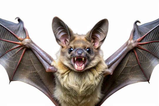 A bat with its mouth open and teeth visible looking directly at the camera with large ears and outstretched wings isolated on transparent background