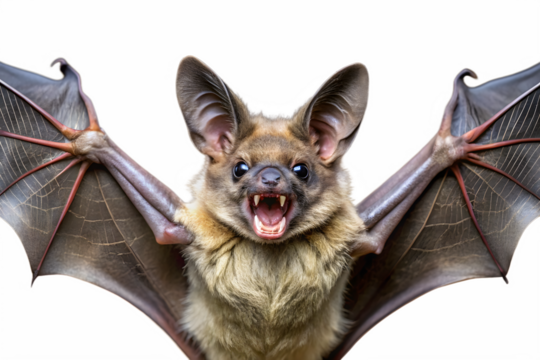 A bat with its mouth open and teeth visible looking directly at the camera with large ears and outstretched wings isolated on transparent background