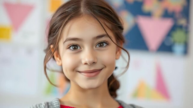 A cheerful young girl with dimples smiles brightly in a classroom setting with colorful shapes in the background