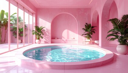 Interior view of a pink room with a round pool, arched doorways, and potted plants, creating a tranquil and stylized space.