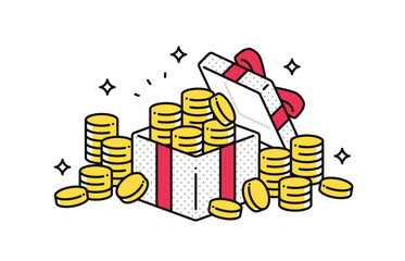プレゼントボックスから溢れるたくさんのコインのシンプルなベクターイラスト素材