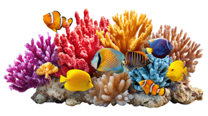 Underwater Paradise: A vibrant collection of tropical fish, showcasing a diverse array of shapes, colors, and patterns. A colorful coral reef is home to a bustling underwater scene.