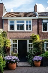 Obraz premium A picturesque brick house, nestled amidst a stunning array of vibrant hydrangeas, stands gracefully in a tranquil neighborhood under the bright, sunny sky