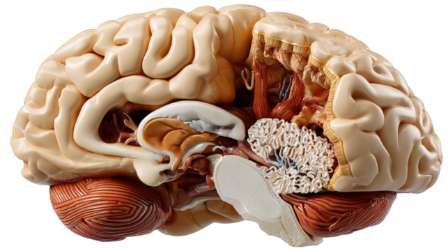 Intricate Brain Model: A detailed, cross-sectional anatomical model of the brain, showcasing its complex structure and intricate details, ideal for educational or scientific illustration.