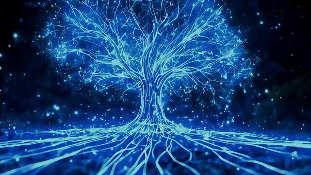 Glowing tree roots growing and expanding