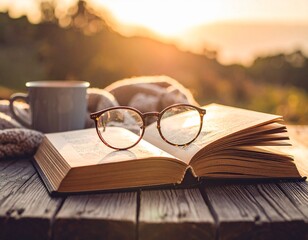 Open book with vintage glasses – cozy reading concept