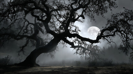 A spooky old tree with a full moon behind it. 