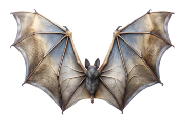 A realistic detailed model of a bat with its wings fully spread presented against a stark transparent background