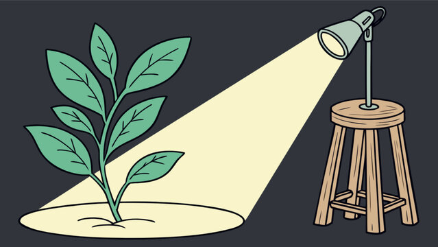 Plant growth under spotlight illustration for botanical study and indoor gardening tips and creative light setup