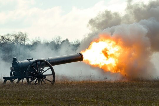 Historic cannon fires with intense explosion and smoke in a field