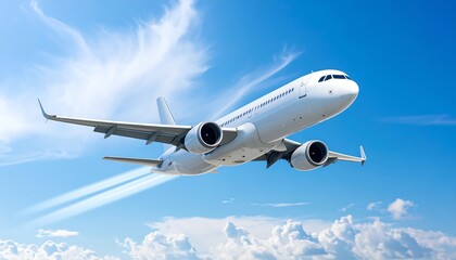 Airplane soaring through a vibrant blue sky dotted with fluffy white clouds