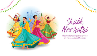 Vector illustration of beautiful Indian girls in traditional dress dancing on purple background. Navratri Festival Dance, Garba, Dandiya.
