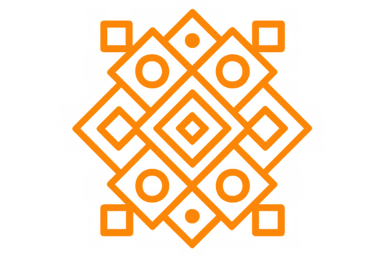 Geometric pattern featuring interlocking orange squares and circles, presenting contemporary design on transparent backdrop