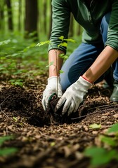 Person planting sapling in forest hands