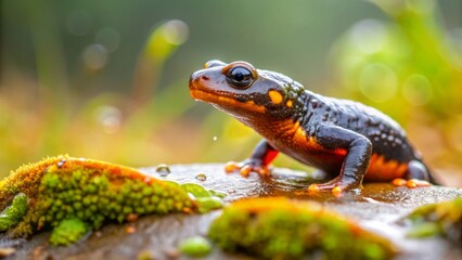 Fototapeta premium A Vibrant Amphibian Perched on Mossy Rock, Displaying Striking Orange and Black Markings, in a Lush Natural Habitat