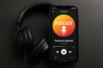Black headphones near smartphone displaying podcast application with orange circular logo and playback controls