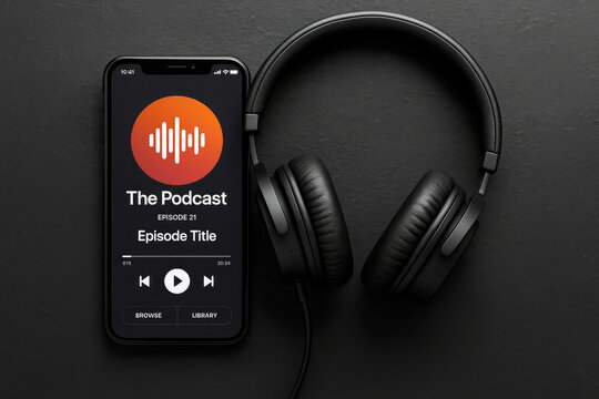 Black headphones beside smartphone displaying podcast app with orange audio waves