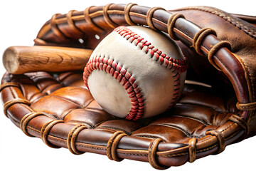 A detailed closeup of a baseball resting securely in a wellworn leather glove with a wooden bat subtly visible capturing the essence of the game isolated on transparent background