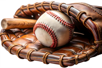 A detailed closeup of a baseball resting securely in a wellworn leather glove with a wooden bat subtly visible capturing the essence of the game isolated on transparent background