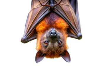 A closeup detailed view of a fruit bat hanging upside down showcasing its furry texture and large expressive eyes on a white backdrop isolated on transparent background