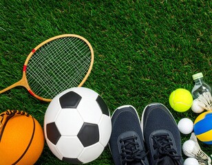 Various sports equipment on grass