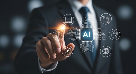 Man touches artificial intelligence circuit board icons