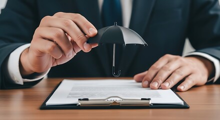 Man holding miniature umbrella over document black