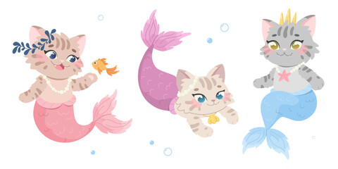 Set of little mermaid cats. Cute fantasy characters. Kawaii animals underwater. Cartoon vector illustration