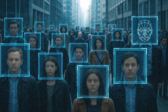 Digital surveillance identifying people faces in urban crowd technology