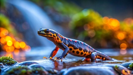 Fototapeta premium A Vibrant Amphibian Posing Near a Cascading Waterfall in a Serene Natural Habitat