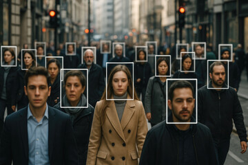 Diverse people identified in urban crowd faces street