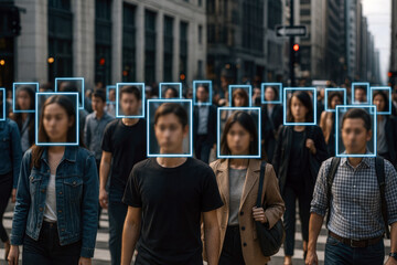 Diverse people walking city street digital facial recognition crowd
