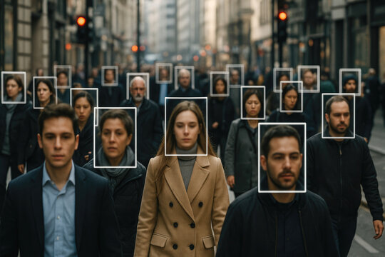 Diverse people identified in urban crowd faces street