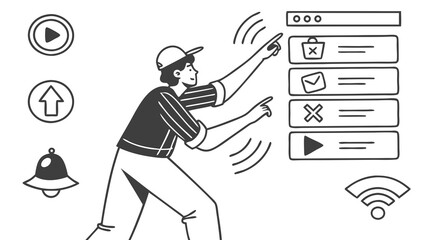 Flat icon set for user interface and web design featuring menus, sliders, search, upload, download, settings, and alert notifications.

