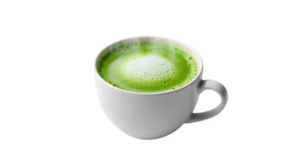 A steaming cup of vibrant green matcha tea in a white mug against black background   ai generative, transparent background, white background.