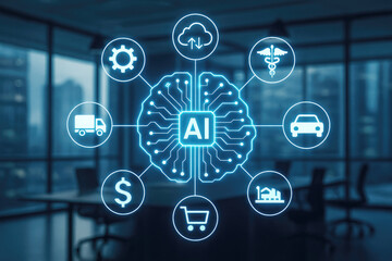 Futuristic Brain network connecting industry icons artificial intelligence technology