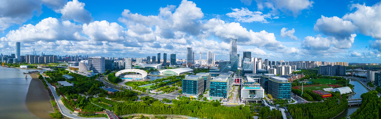 Panoramic Aerial view of Shanghai’s Qiantan International Business District on sunny day.