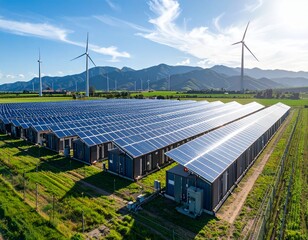 A large-scale utility BESS container facility with , under a clear sky. bird view