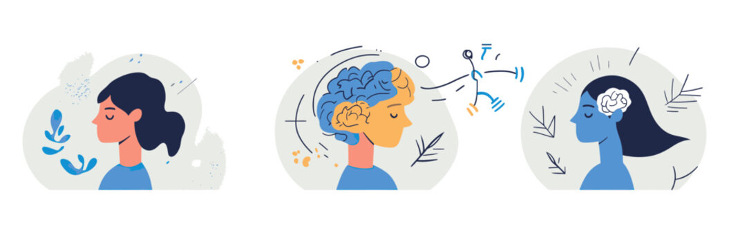 Flat style vector illustration of three diverse female profiles with brain symbols representing mental health, thought processes, and psychological concepts in minimalist design