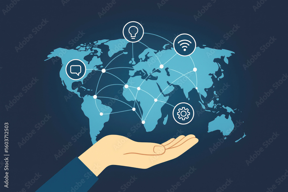 Poster global network connection with communication and technology icons world map