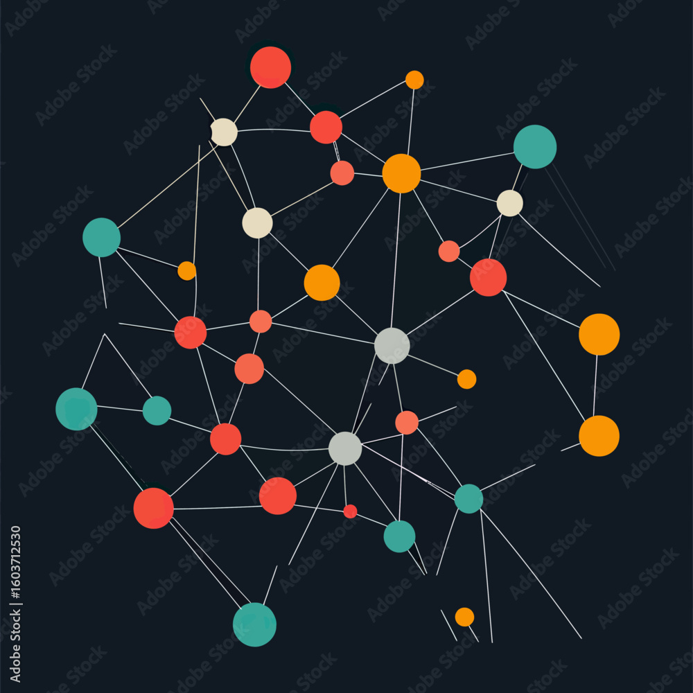 Poster colorful interconnected nodes and network structure with geometric lines on dark background represen