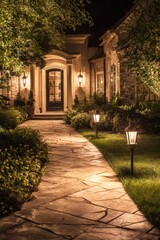 Fototapeta premium Elegant pathway illuminated by lanterns leads to a beautifully designed house at night, showcasing architectural details and lush landscaping that enhance the serene atmosphere
