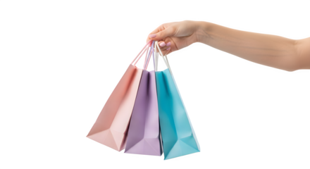A hand holding three colorful shopping bags against a black background studio shot   ai generative, transparent background, white background.
