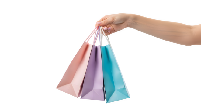 A hand holding three colorful shopping bags against a black background studio shot ai generative, transparent background, white background. - Powered by Adobe