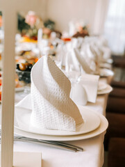 Elegant table setting with intricately folded napkins for a special event in a bright venue