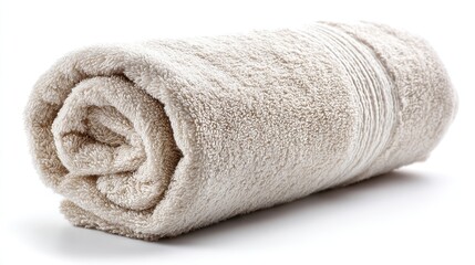 A neatly rolled, light beige bath towel, plush and absorbent, sits on a white background, showcasing its soft texture and tightly wound cylindrical form